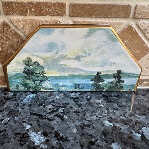 Unusual Retired MacKenzie Childs Landscape Lakeview Half Tile With Gold Trim